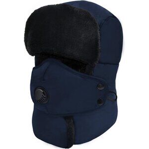 Unisex Blue Winter Trapper Hat Russian with Ear Flap Mask Aviator Cold Weather